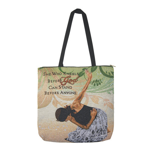 SHE WHO KNEELS WOVEN TOTE BAG